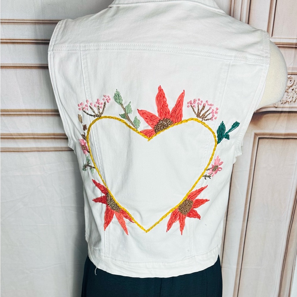 White Embroidered Heart Jean Vest - Floral Back - Picture 9 of 14